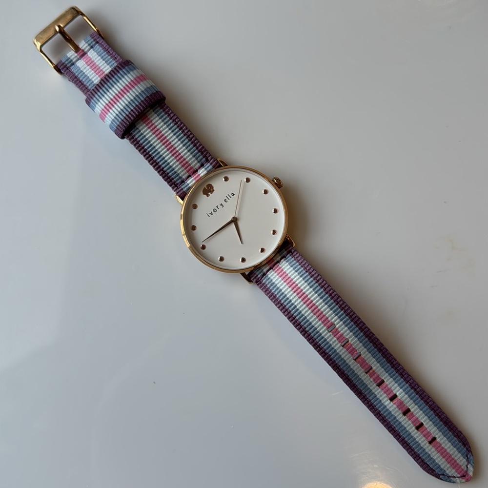 Ivory Ella Berry Striped Rose Gold Watch with White Dial